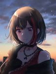 backlighting bang_dream! black_hair choker dusk highlights jewelry mitake_ran multicolored_hair necklace off_shoulder outdoors red_eyes red_hair rinto_(rint_rnt) short_hair smile solo streaked_hair upper_body 