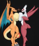  2016 angry anthro big_breasts blue_eyes breast_squish breasts breasts_frottage brown_eyes charizard cladz claws clenched_teeth color_edit colored digital_drawing_(artwork) digital_media_(artwork) duo edit eye_contact female fire hand_on_hip hi_res huge_breasts latias legendary_pok&eacute;mon membranous_wings nintendo orange_body pok&eacute;mon pok&eacute;mon_(species) pok&eacute;morph red_body rock simple_background standing teeth toni400 video_games white_background white_body wings 