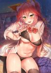  animal_ear_fluff animal_ears black_bra black_legwear black_panties bra breasts cleavage commentary_request eyebrows_visible_through_hair fate/grand_order fate_(series) fox_ears fox_tail hair_between_eyes highres kawai large_breasts long_hair looking_at_viewer navel open_clothes open_mouth open_shirt panties pink_hair school_uniform shiny shiny_hair shiny_skin sitting solo tail tamamo_(fate)_(all) tamamo_no_mae_(fate) thighhighs tongue underboob underwear yellow_eyes 