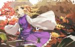  animal_print bangs blonde_hair blurry blurry_foreground breasts closed_mouth commentary_request cowboy_shot depth_of_field eyebrows_visible_through_hair frilled_skirt frills frog_print hair_ribbon hat leaf long_hair long_sleeves looking_at_viewer moriya_suwako outdoors parted_bangs purple_skirt purple_vest red_ribbon ribbon ryokucha_manma shirt skirt skirt_set sleeves_past_fingers sleeves_past_wrists small_breasts smile solo touhou tree turtleneck vest white_shirt wide_sleeves yellow_eyes 