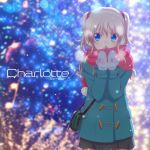  blue_eyes charlotte_(anime) commentary_request copyright_name cowboy_shot green_coat grey_skirt higashiji_kazuki long_hair looking_to_the_side mittens official_art open_mouth pink_scarf pleated_skirt scarf silver_hair skirt solo sparkle_background standing tomori_nao two_side_up winter_clothes 