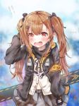  ... 1girl absurdres arm_up armband bangs belt belt_buckle black_bow black_gloves black_jacket blurry blurry_background blush bow brown_hair brown_ribbon buckle commentary depth_of_field dress_shirt eyebrows_visible_through_hair fingerless_gloves girls_frontline gloves grey_belt grey_skirt hair_between_eyes hair_bow hair_ornament hairclip highres jacket long_hair long_sleeves looking_at_viewer mutang neck_ribbon open_clothes open_jacket open_mouth pleated_skirt puffy_long_sleeves puffy_sleeves red_eyes ribbon shirt skirt solo twintails ump9_(girls_frontline) very_long_hair white_shirt 
