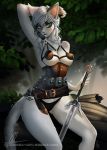  2018 5_fingers anthro aomori breasts cat ciri clothed clothing detailed_background digital_media_(artwork) feline female fur green_eyes grey_hair hair holding_object holding_weapon mammal melee_weapon nipples pink_nose solo sword weapon white_fur 