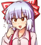  :&gt; :d bangs blush bow collarbone commentary english_commentary eyebrows_visible_through_hair eyelashes flying_sweatdrops fujiwara_no_mokou hair_bow hand_up long_hair long_sleeves looking_at_viewer open_mouth red_eyes shirt silver_hair simple_background smile solo suspenders touhou upper_body white_background white_bow white_shirt wing_collar wool_(miwol) 