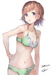  2018 blue_eyes bra breasts brown_hair cleavage collarbone dated green_bra green_panties hand_on_hip looking_at_viewer medium_breasts navel open_mouth original panties shiny shiny_hair short_hair signature simple_background sketch solo sone_(takahiro-osone) underwear underwear_only white_background 