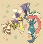  aegislash arm_up arms_up beige_background black_sclera blush blush_stickers closed_eyes from_side full_body furret gen_2_pokemon gen_6_pokemon greninja hand_up happy heart jumpluff long_tongue music musical_note no_humans one-eyed open_mouth pokemon pokemon_(creature) shield shiwo_(siwosi) singing smile standing star sword tongue tongue_out weapon 