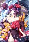  black_kimono breasts cleavage collarbone eyebrows_visible_through_hair fate/grand_order fate_(series) groin hair_ornament highres hm_(wonhml) holding holding_weapon japanese_clothes katsushika_hokusai_(fate/grand_order) kimono looking_at_viewer medium_breasts no_panties purple_eyes purple_hair short_hair smile solo tokitarou_(fate/grand_order) weapon 