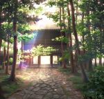  artist_name building commentary_request day east_asian_architecture forest grass highres inika light_rays nature no_humans original outdoors pavement plant rock scenery shrine signature sunbeam sunlight tree 