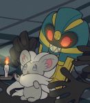  blush candle cinccino cofagrigus coffin extra_arms fire full_body gen_5_pokemon ghost glowing glowing_eyes grin light_blush looking_at_another no_humans open_mouth pokemon pokemon_(creature) red_eyes red_sclera sharp_teeth shiwo_(siwosi) smile standing teeth 