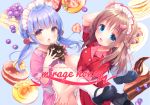  2girls apron aqua_eyes blue_hair braids brown_hair cake chocolate food fruit headdress kneehighs loli long_hair maid original piyodera_mucha socks strawberry twintails waifu2x waitress yellow_eyes 