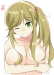  10s 1girl arms_under_breasts blonde_hair blush breasts eyebrows eyebrows_visible_through_hair fang free_chess green_eyes hair_bobbles hair_ornament hair_over_breasts heart inuyama_aoi large_breasts long_hair looking_at_viewer no_nipples nude one_eye_closed side_ponytail simple_background smile solo tied_hair upper_body white_background wink yurucamp 