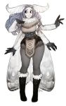  absurdres antennae artist_name black_footwear black_sclera boots capelet full_body fur fur-trimmed_boots fur_collar fur_trim grey_hair hand_on_own_chest highres knee_boots long_hair looking_to_the_side matilda_vin monster_girl moth_girl moth_wings mother_lumi multiple_arms no_pupils original pelvic_curtain simple_background smile solo white_background wings 