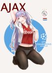  absurdres adidas afc_ajax ajax_(azur_lane) alternate_costume arm_behind_head azur_lane character_name chinese_commentary commentary_request dutch_flag eyebrows_visible_through_hair facepaint flag highres jersey kneeling lavender_hair long_hair looking_at_viewer midriff midriff_peek navel netherlands no_pants open_mouth panties panties_under_pantyhose pantyhose purple_eyes smile soccer_uniform solo sportswear two_side_up uefa_champions_league underwear v-neck very_long_hair zidong_fanmai_jii_o3 