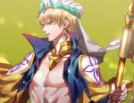  blonde_hair chest closed_mouth earrings eyelashes fate/grand_order fate_(series) gilgamesh gilgamesh_(caster)_(fate) gorget holding jacket jewelry male_focus open_clothes open_jacket profile red_eyes sleeveless_jacket solo tenobe upper_body yellow_background 