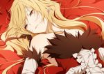  bare_shoulders blonde_hair closed_mouth commentary_request dress elbow_gloves gloves kiss-shot_acerola-orion_heart-under-blade long_hair lying monogatari_(series) ntend on_back orange_eyes pointy_ears red_dress solo strapless strapless_dress very_long_hair 