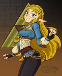 2018 5_fingers biped blonde_hair braided_hair breasts clothing elf eyebrows eyelashes female fingerless_gloves gloves green_eyes hair humanoid long_hair looking_at_viewer mammal nintendo not_furry pale_skin pants poethewondercat pointy_ears portrait pose princess_zelda shirt small_breasts smile solo standing the_legend_of_zelda three-quarter_portrait video_games yellow_eyebrows 