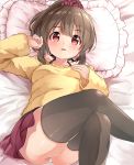  absurdres ass bangs bare_shoulders bed_sheet blush breasts brown_hair brown_legwear commentary_request crossed_legs eyebrows_visible_through_hair frilled_pillow frills hair_between_eyes hair_ornament hair_scrunchie hand_up high_ponytail highres hori_yuuko idolmaster idolmaster_cinderella_girls long_hair long_sleeves off-shoulder_sweater panties pillow pleated_skirt ponytail red_eyes red_scrunchie red_skirt scrunchie skirt sleeves_past_wrists small_breasts solo sora_(silent_square) sweater thighhighs underwear white_panties yellow_sweater 