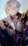  blue_eyes closed_mouth fate/grand_order fate_(series) fingerless_gloves gao_changgong_(fate) gloves looking_at_viewer male_focus pants pikomaro short_hair silver_hair simple_background solo 