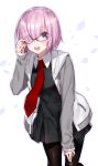  :d adjusting_eyewear black-framed_eyewear black_dress black_legwear dress eyebrows_visible_through_hair eyes_visible_through_hair fate/grand_order fate_(series) glasses grey_jacket hair_over_one_eye jacket leaning_forward long_sleeves looking_at_viewer mash_kyrielight masuishi_kinoto necktie open_clothes open_jacket open_mouth pantyhose pink_hair purple_eyes red_neckwear shiny shiny_hair short_dress short_hair simple_background smile solo standing white_background 