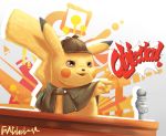  2018 5_fingers abstract_background absurd_res ace_attorney bottomless brown_eyes capcom clothed clothing crossover deerstalker_hat detective_pikachu digital_drawing_(artwork) digital_media_(artwork) dipstick_ears english_text fur hat hi_res microphone nintendo parody pikachu pointing pok&eacute;mon pok&eacute;mon:_detective_pikachu pok&eacute;mon_(species) purplepalepie red_cheeks solo text video_games yellow_fur 
