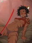  &lt;3 animal_humanoid biting_lip black_hair blush breasts clothing ear_piercing faunus feline female hair humanoid humor katana mammal melee_weapon panties piercing rwby shaking shirt_up sienna_khan solo sweat sword tiger_stripes underwear weapon yellowroom 