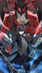  absurdres amamiya_ren arsene_(persona_5) black_coat black_eyes black_hair black_pants chain gloves hair_over_one_eye highres holding holding_mask looking_at_viewer male_focus mask pants persona persona_5 red_gloves solo standing 