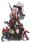  armor blue_eyes breastplate chibi covered_mouth felyne gloves grey_hair highres hip_vent lyu monster_hunter monster_hunter:_world odogaron_(armor) polearm ponytail weapon white_background 