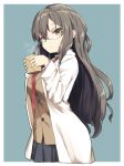  black_skirt brown_eyes brown_hair collared_shirt cowboy_shot cup eyebrows_visible_through_hair futaba_rio glasses grey_background highres labcoat long_hair long_sleeves looking_at_viewer mug necktie pleated_skirt rb2 red_neckwear school_uniform seishun_buta_yarou shirt simple_background skirt solo steam wavy_hair 