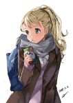  2018 bag blonde_hair brown_coat coat dated drinking_straw green_eyes grey_scarf long_hair open_clothes open_coat original ponytail scarf school_bag signature sketch solo sone_(takahiro-osone) standing sweater upper_body white_background 