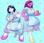  2018 anthro cat cat_tail catti_(deltarune) clothed clothing deltarune duo feline female food footwear fully_clothed high_heels invalid_tag legwear lizard mammal monster morokko muscular muscular_female overweight pancake reptile scalie shoes slightly_chubby socks stockings susie_(deltarune) video_games 