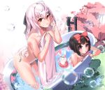  bathtub beudyek black_hair bow bubble bunny collarbone commentary_request covering girls_frontline grass hair_bow hair_ornament hair_ribbon hairclip highres iws-2000_(girls_frontline) long_hair looking_at_viewer m99_(girls_frontline) multiple_girls nude red_eyes ribbon shared_bathing short_hair silver_hair towel tree water white_background 