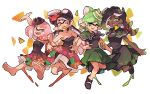  4girls :d aori_(splatoon) arm_grab arm_up bangs bare_shoulders barefoot black_capelet black_footwear black_hair black_skin blunt_bangs breasts capelet cephalopod_eyes cleavage commentary cousins crown domino_mask dress earrings english_commentary fang fangs floral_print food food_in_mouth food_on_head gradient_hair green_eyes green_hair grey_hair hand_on_hip hime_(splatoon) hotaru_(splatoon) iida_(splatoon) jewelry jumping locked_arms long_hair looking_at_another looking_at_viewer looking_back makeup mascara mask medium_breasts medium_dress medium_hair mole mole_under_eye mouth_hold multicolored multicolored_hair multicolored_skin multiple_girls nachos object_on_head octarian open_mouth paint_splatter petticoat pink_eyes pink_hair pointy_ears print_dress shoes short_hair sleeveless sleeveless_dress smile splatoon_(series) splatoon_1 splatoon_2 standing strapless strapless_dress suction_cups sushi tentacle_hair white_background wong_ying_chee 