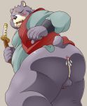  2018 anthro balls bear belly blush butt clothing cum eyes_closed flaccid fur humanoid_hands male mammal melee_weapon nengasama ninpen_manmaru overweight overweight_male penis pomupomu490 purple_fur shirt simple_background solo sword weapon 