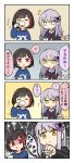  2girls 4koma ? bang_dream! bangs bd_ayknn black_hair black_jacket blue_shirt bob_cut closed_eyes coffee comic cup drinking highres jacket jitome lavender_hair long_hair minato_yukina mitake_ran multicolored_hair multiple_girls notice_lines purple_eyes red_hair shaded_face shirt smile spoken_question_mark streaked_hair sugar_bowl sugar_cube sweatdrop teacup translation_request v-shaped_eyebrows yellow_eyes 