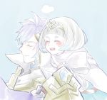  1girl blue_background blue_hair blush brother_and_sister cape closed_eyes closed_mouth commentary_request fire_emblem fire_emblem_heroes gradient_hair hrid_(fire_emblem_heroes) miyachi04 multicolored_hair open_mouth short_hair shoulder_armor siblings silver_hair simple_background smile tiara white_hair ylgr_(fire_emblem_heroes) 