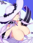  :o aircraft airplane azur_lane band-width bare_shoulders biplane blue_eyes breasts commentary_request elbow_gloves gloves hat_over_one_eye highres huge_breasts illustrious_(azur_lane) long_hair looking_down mole mole_under_eye nipples parted_lips purple_hair signature solo topless very_long_hair white_gloves 