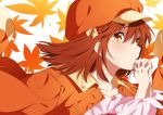  :o brown_hair cabbie_hat hat jacket_on_shoulders leaf leaf_background looking_at_viewer monogatari_(series) ntend sengoku_nadeko short_hair solo yellow_eyes 