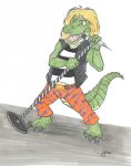  2018 alligator amber_eyes anthro barefoot blonde_hair claws clothing crocodilian green_scales hair holding_object male mic_stand multicolored_scales open_mouth pants rabbi-tom reptile scales scalie simple_background singing solo standing striped_shirt tight_clothing toe_claws two_tone_scales vest white_background 