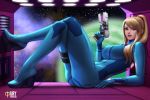  artist_name ass blonde_hair blue_eyes bodysuit breasts commentary crossed_legs gun hair_over_shoulder handgun iury_padilha looking_at_viewer metroid mole mole_under_mouth parted_lips planet ponytail reclining samus_aran sitting smile solo space star weapon window zero_suit 