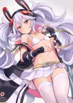  1girl animal_ears azur_lane bangs belt belt_buckle bikini_top black_hairband black_jacket brown_belt buckle bunny_ears closed_mouth commentary_request detached_sleeves eyebrows_visible_through_hair fingernails fur-trimmed_jacket fur_trim grey_background hair_between_eyes hairband head_tilt highres jacket laffey_(azur_lane) long_hair long_sleeves lying navel on_back open_clothes open_jacket panties pleated_skirt red_eyes remodel_(azur_lane) silver_hair skirt sleeveless_jacket sleeves_past_wrists solo thighhighs twintails underwear very_long_hair white_bikini_top white_legwear white_panties white_skirt yuko_(uc_yuk) 