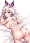  1girl arm_up ass bed_sheet blush braid breasts butt_crack closed_mouth commentary_request hand_up highres horns large_breasts long_hair looking_at_viewer looking_back lying on_stomach original panties panty_pull red_eyes sideboob silver_hair solo tail_censor tama_satou tears topless underwear underwear_only white_panties 
