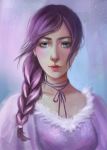  blue_eyes braid choker closed_mouth commentary dress english_commentary eyelashes looking_at_viewer nose original pink_lips purple_choker purple_dress purple_hair ribbon_choker shiro-hane side_braid single_braid solo 