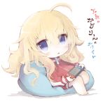  ahoge bean_bag_chair blonde_hair blue_eyes character_name chibi commentary_request controller gabriel_dropout game_controller holding_controller jacket long_hair messy_hair nintendo_switch sitting solo taipe_pepe tenma_gabriel_white track_jacket white_background 