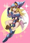  1girl artist_request bare_shoulders blonde_hair blue_footwear blush_stickers boots breasts dark_magician_girl duel_monster female green_eyes hat large_breasts long_hair looking_at_viewer magical_girl open_mouth pentacle smile solo staff wand wizard_hat yu-gi-oh! yuu-gi-ou yuu-gi-ou_duel_monsters 
