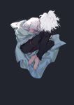  black_background black_pants danganronpa danganronpa_3 feet green_coat highres komaeda_nagito lazychaidui medium_hair no_shoes pants sad shirt super_danganronpa_2 white_hair white_shirt 