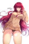  breasts cameltoe commentary_request expressionless eyebrows_visible_through_hair fate/grand_order fate_(series) highres large_breasts long_hair looking_at_viewer maett panties pantyshot pantyshot_(standing) purple_hair red_eyes ribbed_sweater scathach_(fate)_(all) scathach_(fate/grand_order) solo standing sweater underwear white_background 