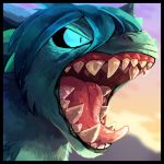  angry blitzdrachin blue_eyes blue_fur blue_hair blue_sclera cloud fangs fur glowing glowing_eyes hair hybrid icon invalid_tag morning open_mouth painting sky sunlight teeth tongue 
