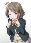 ;p artist_name beige_cardigan black_jacket blazer brown_hair cardigan commentary crescent crescent_hair_ornament crown drawn_crown fingers_to_cheeks hair_ornament highres jacket long_sleeves looking_at_viewer love_live! love_live!_school_idol_festival nakasu_kasumi neck_ribbon nijigasaki_academy_uniform notice_lines one_eye_closed partially_unbuttoned perfect_dream_project plaid plaid_skirt pleated_skirt purple_eyes ribbon school_uniform short_hair skirt sleeves_past_wrists solo star star_hair_ornament surufuji tongue tongue_out white_skirt yellow_neckwear 