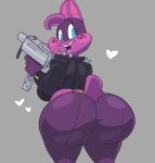  &lt;3 anthro bat big_butt blue_eyes blush butt clothed clothing female grey_background gun handgun holding_object holding_weapon huge_butt jacket leather leather_jacket looking_back mammal mask ranged_weapon simple_background solo sophie_slam vimhomeless weapon 