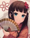  aqua_eyes bangs black_hair blunt_bangs fan flower folding_fan hair_flower hair_ornament hairclip holding holding_fan japanese_clothes kimono kurosawa_dia kyouou_ena long_hair long_sleeves looking_at_viewer love_live! love_live!_sunshine!! mole mole_under_mouth red_flower smile solo striped tassel upper_body vertical-striped_kimono vertical_stripes 